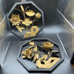 Pair of Vintage MCM 3D Metal Japanese Floral Wall Art with Wood Frame Brass